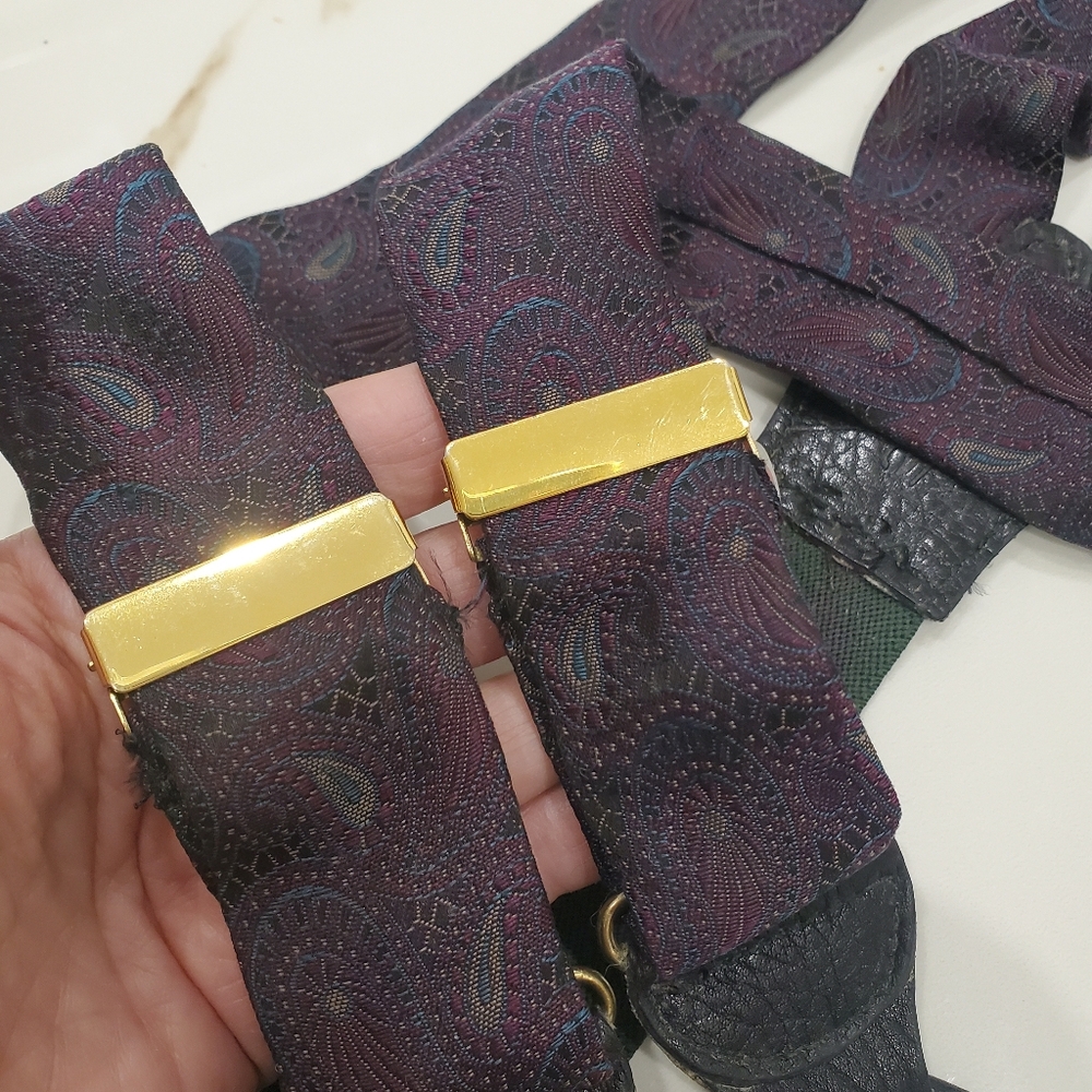 Vintage Polo Ralph Lauren Paisley Leather Silk Brass Suspenders Braces W-Germany